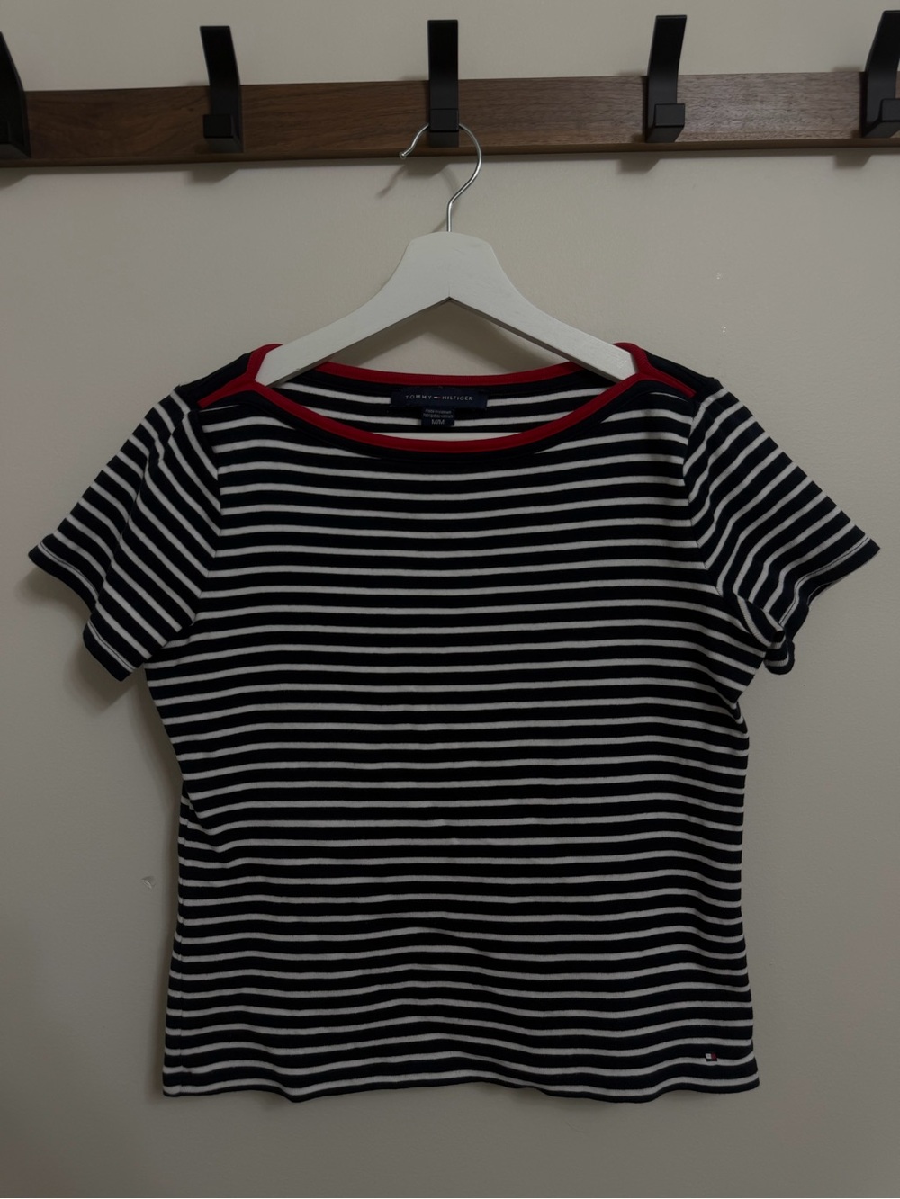 Tommy Hilfiger Navy and White Striped Short Sleeve Tee with Red Trim